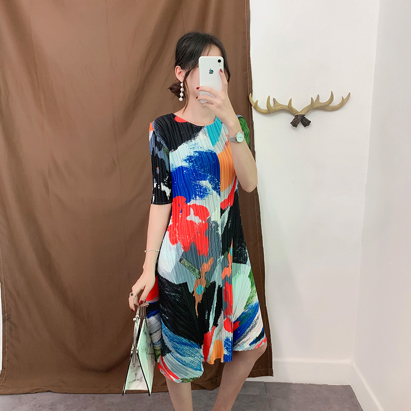 Summer Pleated Short-sleeved Printed Loose Dress Large Size Retro Big Size Dresses