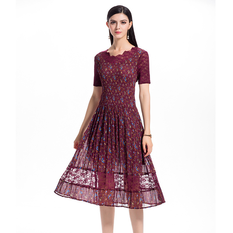 New Summer Lace High-end Ladies' Pleats Print Dress