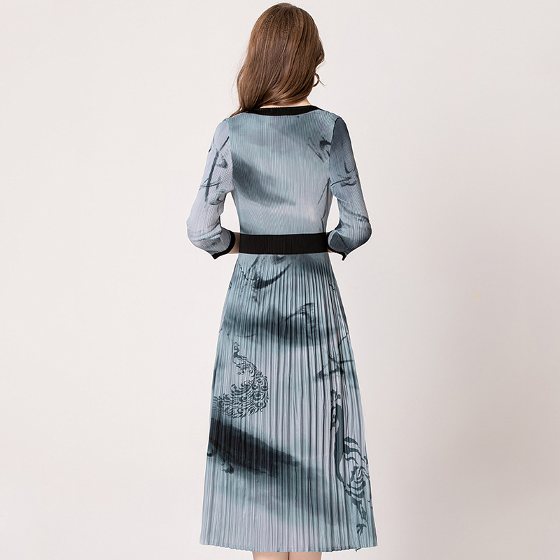 Women Ink Painting Summer Dress V Collar Fashion New Pleated Dress