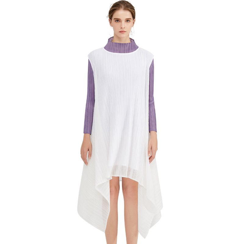Spring 2020 New White Pleated Dress Round Neck Sleeveless Women's Loose Large Dress