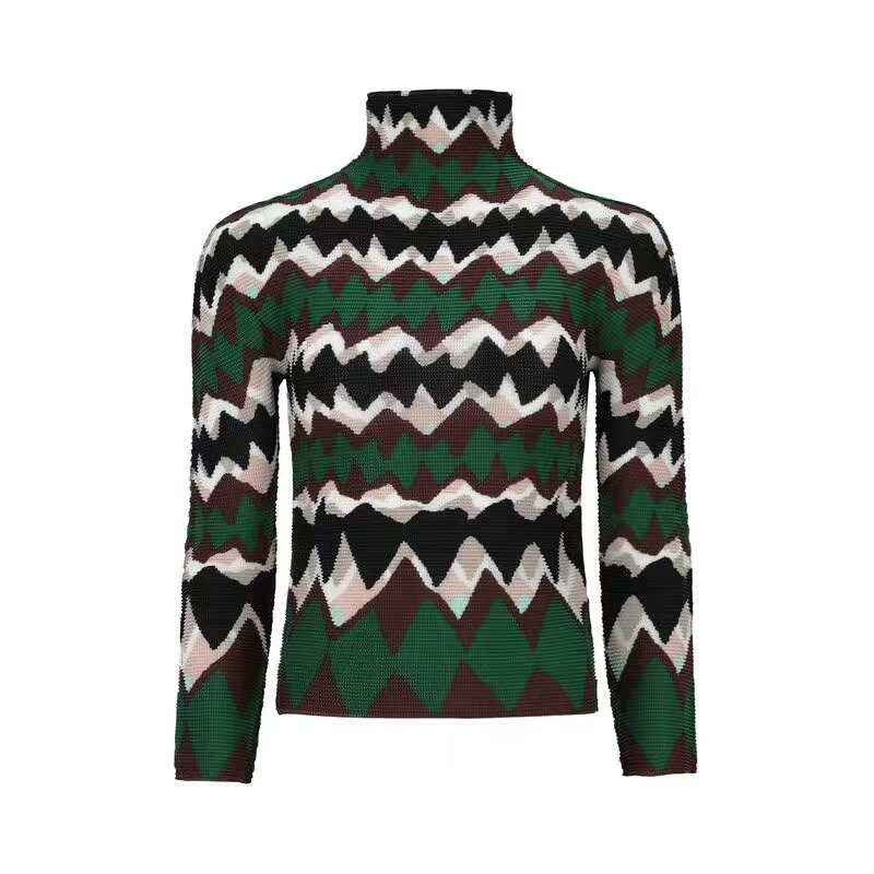 Pleated Top Women's 2020 Spring Women's High Neck Long Sleeve Slim Print T-shirt Bottoming