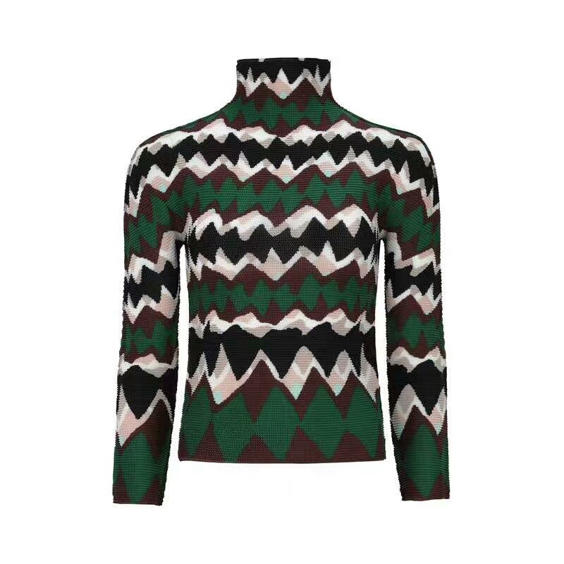 Pleated Top Women's 2020 Spring Women's High Neck Long Sleeve Slim Print T-shirt Bottoming