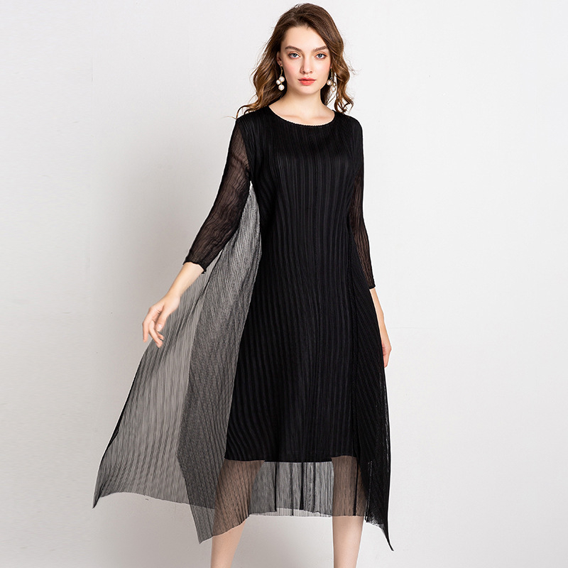 Women Fashion New Pleated Solid Color Lady Elegant Lace Wrinkle Loose One Piece Dress