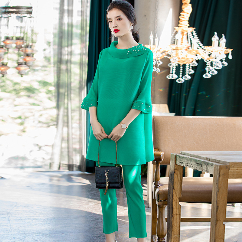 Women Fashion Casual Large Shirts Pleated Suit New Large Pants Tops Two Piece Clothing Sets In Early Spring 2020