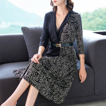 Women Pleated Dress Large Print Autumn New-style Women's Fitted Slim A-shaped Dress