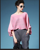New Arrival Women Pletaed Casual Lady Solid Color O-neck Batwing Sleeve Pullover Blouse Shirts