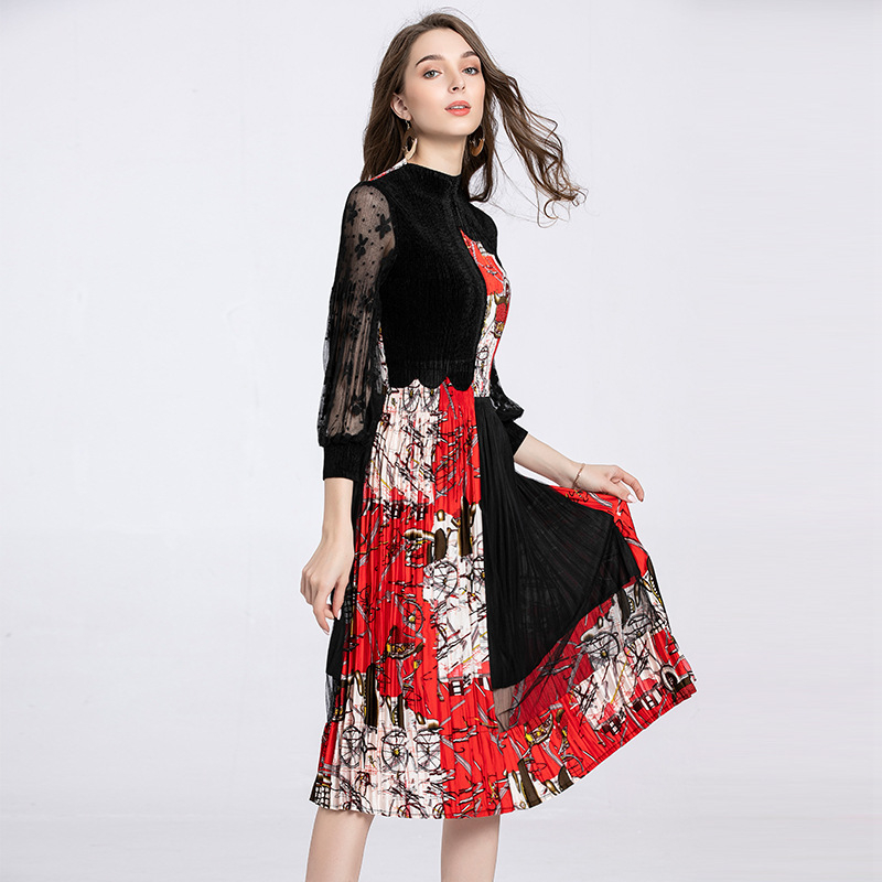 Autumn Velvet Dress Pleated Dress Fashion New Mesh Women Wear