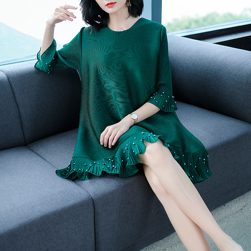 Women Pleated Fashion New Solid Color Lady Loose Big Size Casual Popular One Piece Dress