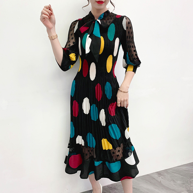 Women Polka Dot Dress Spring 2020 Pleated Bow Large Pleated Dress
