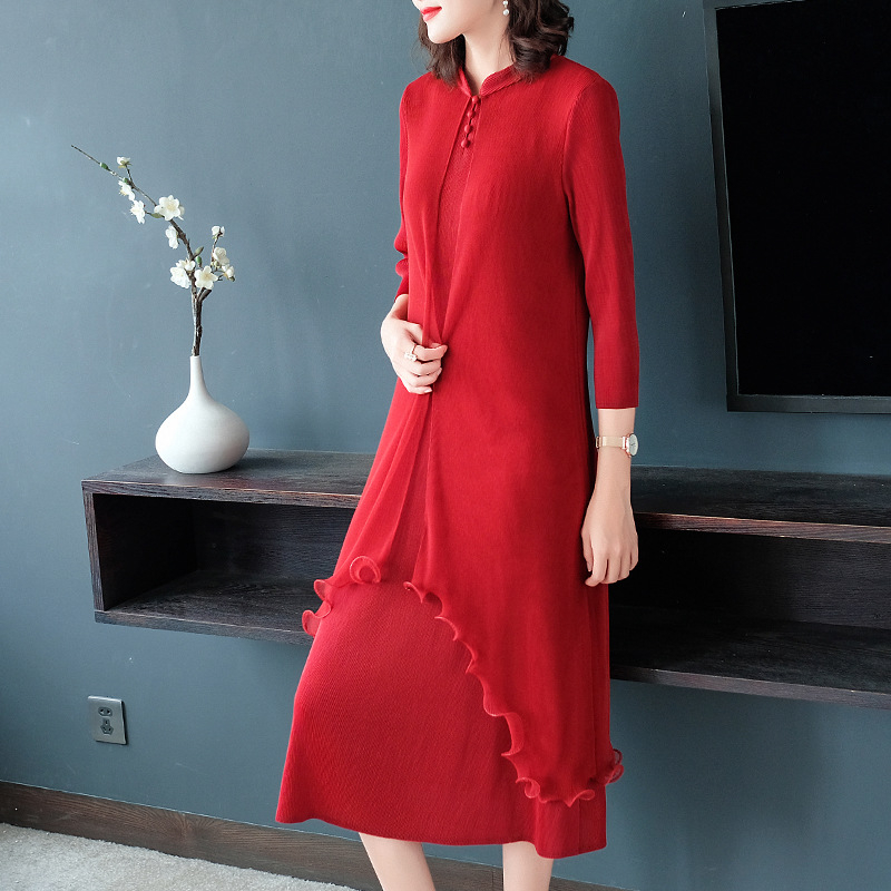 Fake Two Pieces Retro Chinese-style Dresses New Loose Big Size A-shaped Dress In Autumn 2019