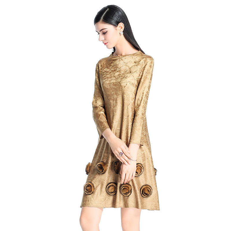 Pleated Fashion Slim Flower Loose Casual Wrist Appliques Natural O-neck Spring Dress