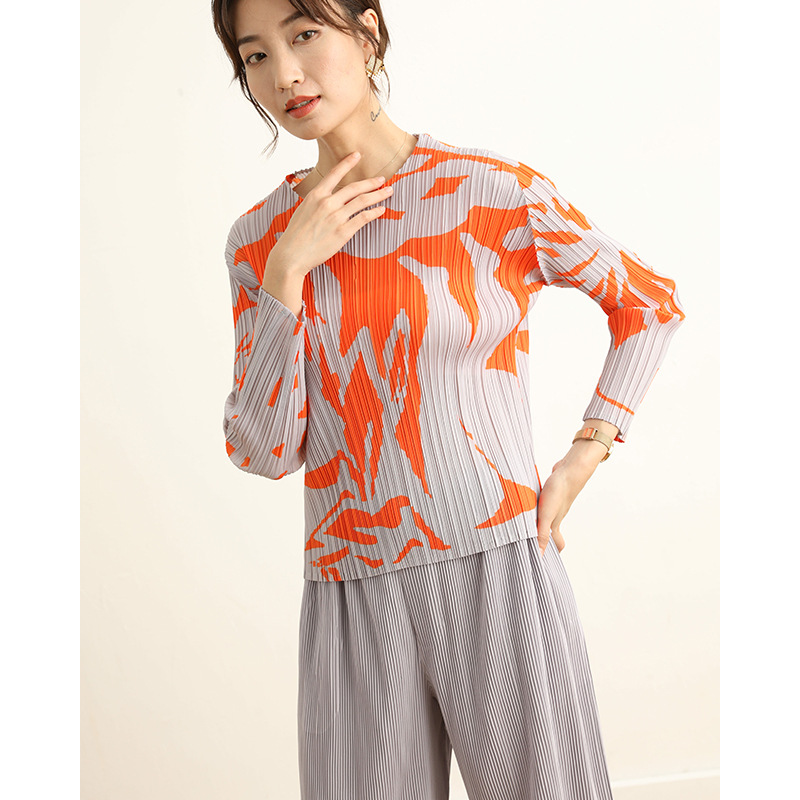Women Pleated Tops Long Sleeve 2020 Spring Fashion Print T-shirt