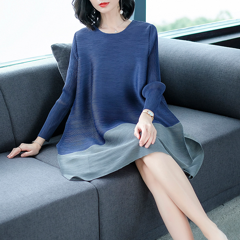 Spring Women Pleated Patchwork Tidal Lady Casual Loose Big Size Long Sleeves Dress