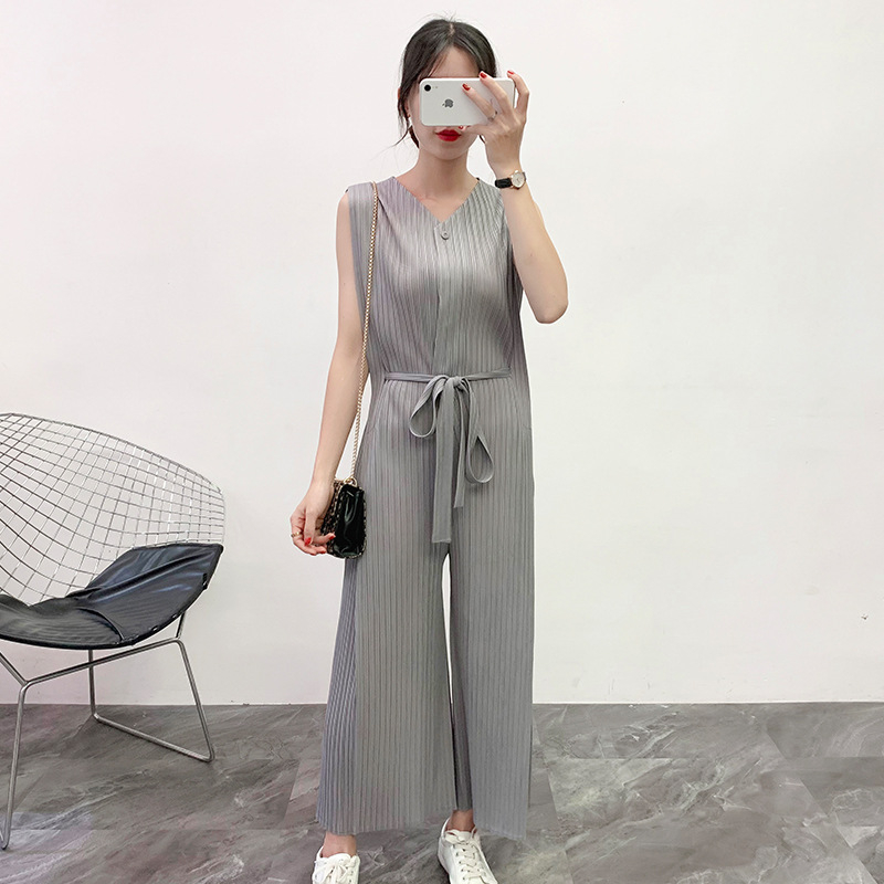 Women Pleated Jumpsuit Wide Leg Casual Pants Set Loose Large Trousers