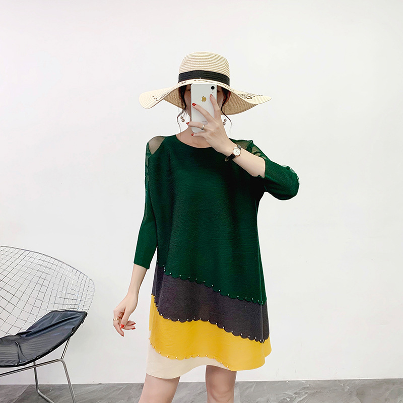 Pleated Color Blocking Dress Hollow Sexy 2019 Winter New Loose Large Size Pleated Dress