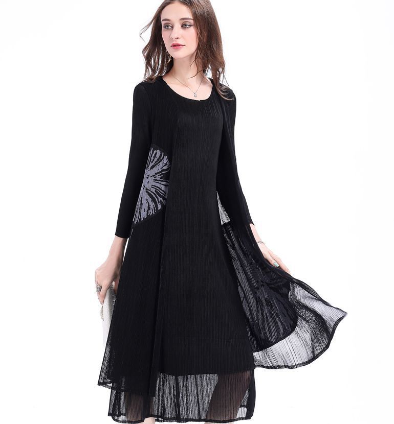 Sunflower Fake Two-piece Dress Pleated Plus Size Women Dresses