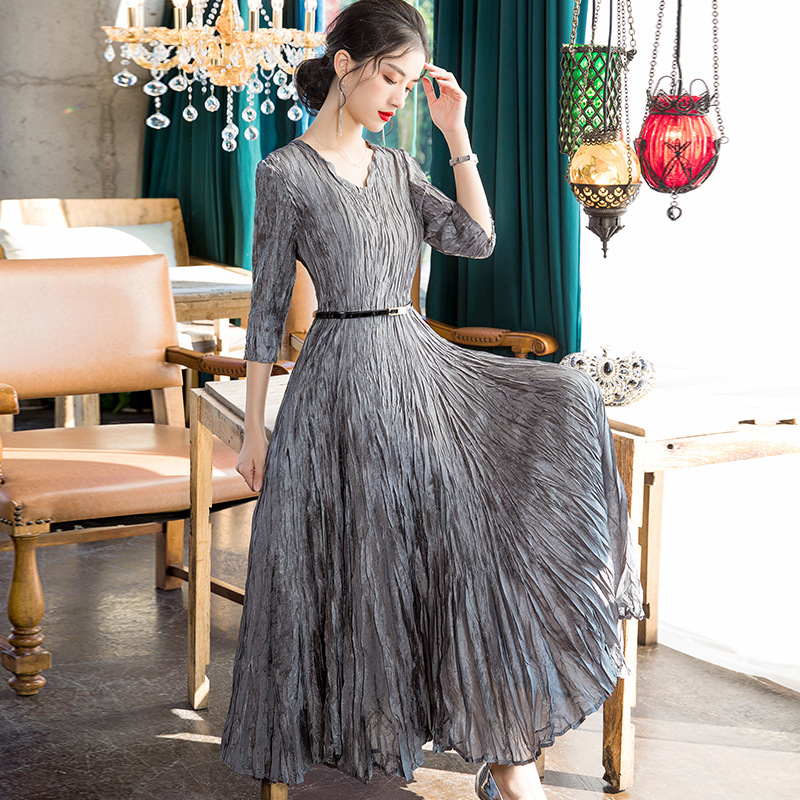 Pleated Large Dress 2020 Spring New Women's Long Slim Dress