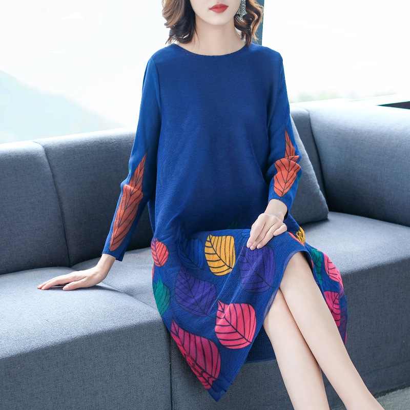 Autumn Women Pleated Fashion New Tidal Big Size Print Dress