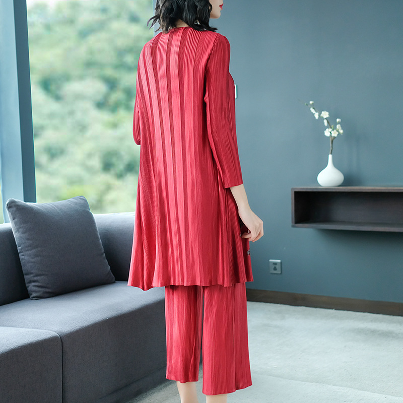 Spring Women Pleated Fashion New Tidal Striped Casual Big Size Tops Trousers Clothing Sets