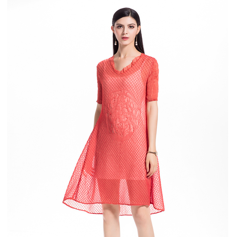 Women Summer Lace Solid Color Elegant Lady Wrinkle Slim Free Size One Piece Long Dress