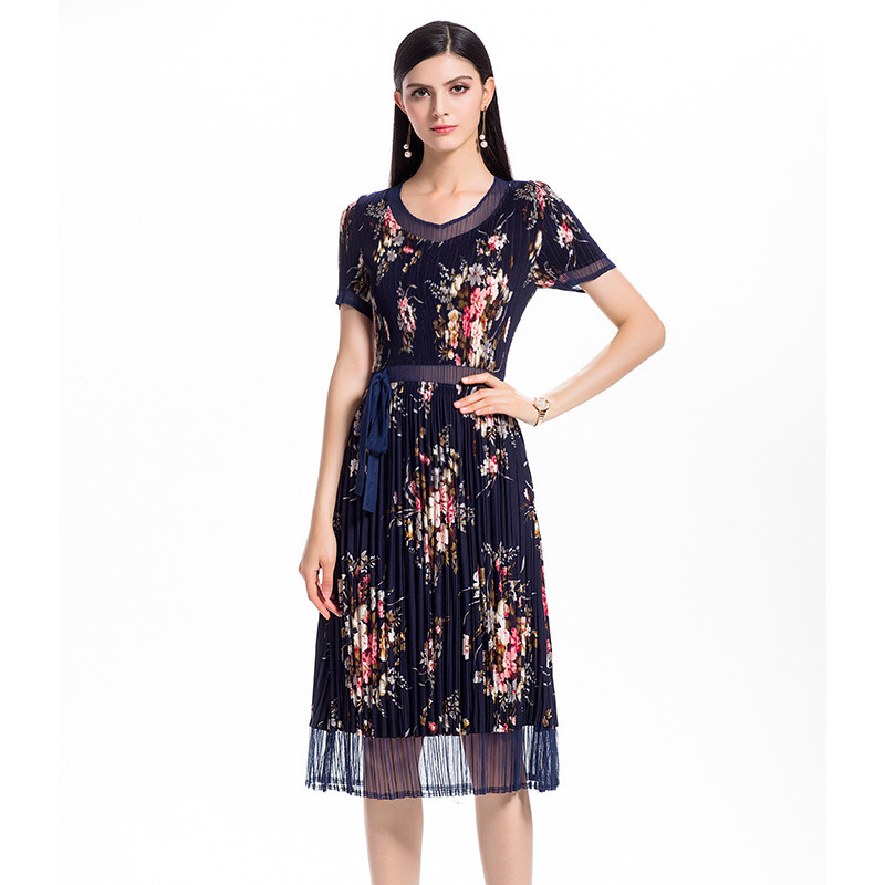 Women Pleated Dress Chiffon Print Dress Fashionable Dress