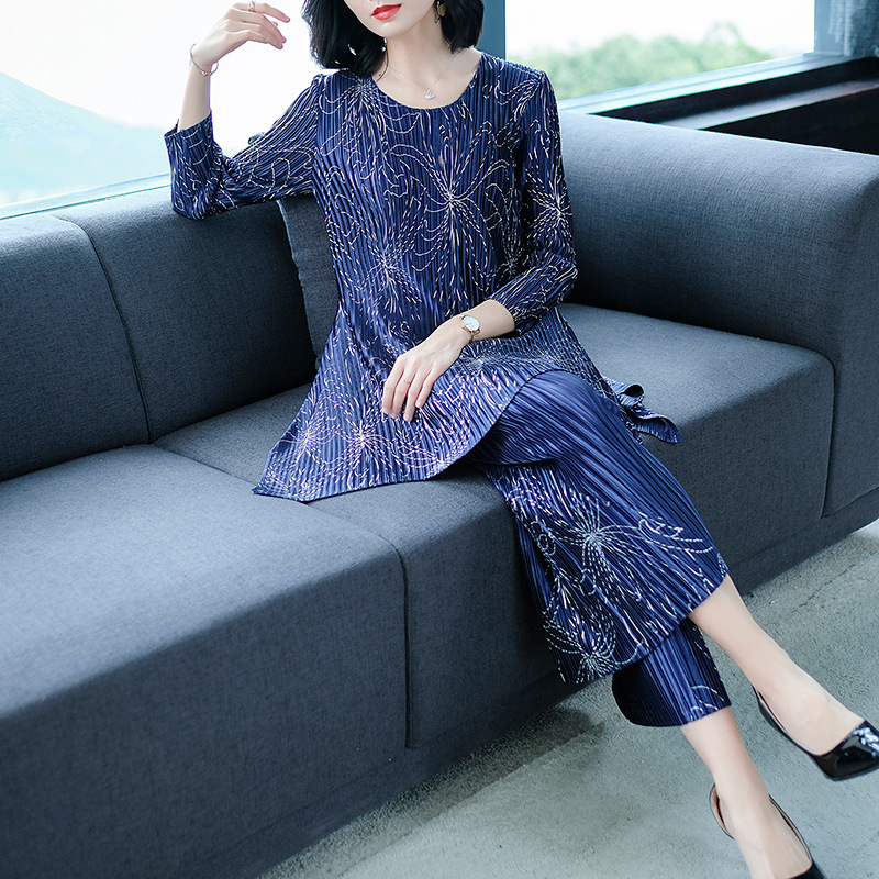 Women Pleated Print Tops Pullover Long Sleeves Shirts Pants Two Pieces Loose Clothing Sets