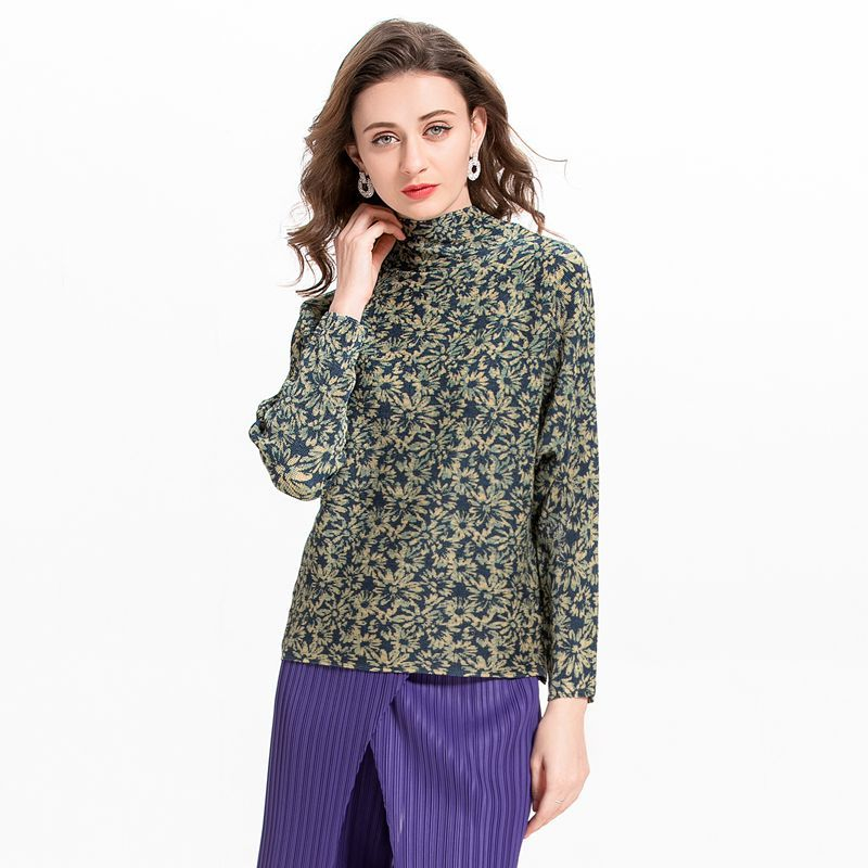 High Collar Chiffon Flower Print Women Pleated Tops Pullover Shirts