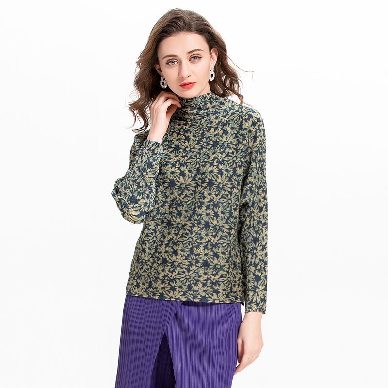 High Collar Chiffon Flower Print Women Pleated Tops Pullover Shirts