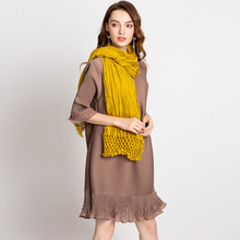 Autumn Women Pleated Fashion New Solid Color Beads High Quality Loose Lady Elegant Long Sleeved One Piece Dress