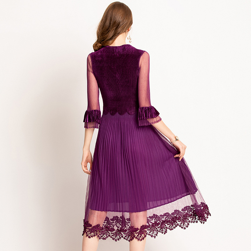 Velvet Patchwork Yarn Dress Spring Summer Lace Elegant Pleats Popular Fancy Dresses