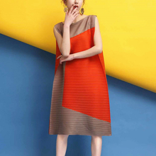 Women Pleated Lady Loose Patchwork Sleeveless Draped Knee-length Casual Dress