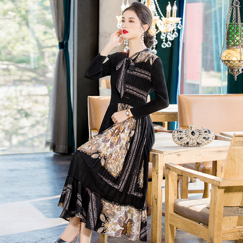 French Retro Large Dress 2020 Spring New Fashion Printed Pleated Dress