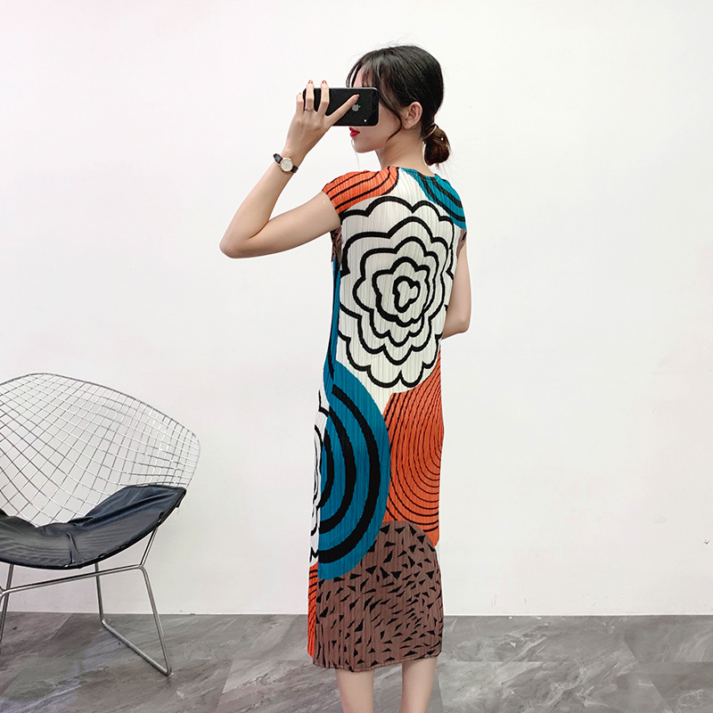 Women Pleated Long Dress Short Sleeve Print Tidal Loose Big Size Dress