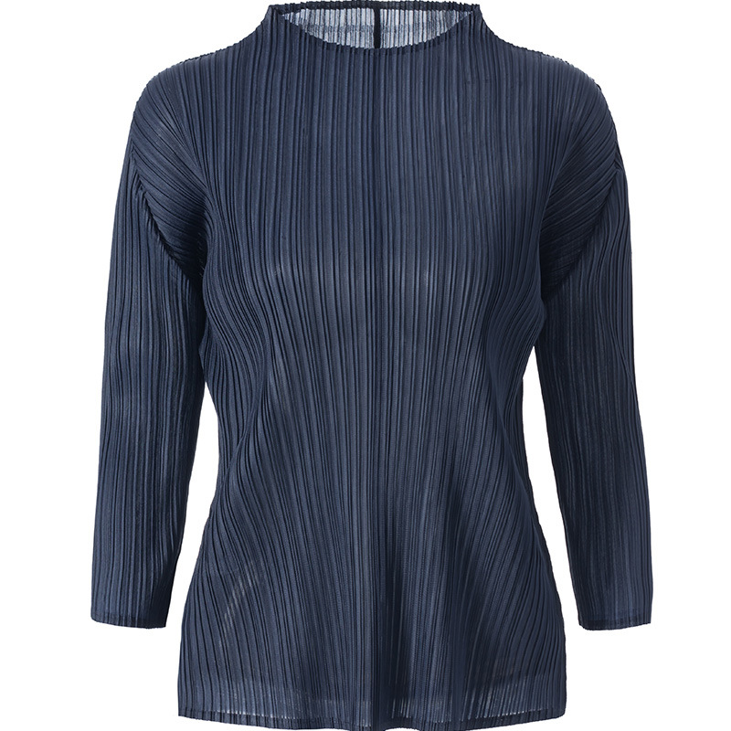New Pleated Women's Solid Color Simple Round Neck Bottomed Pullover Long Sleeve Top