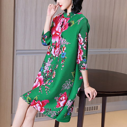 Chinese Style Retro Printing Plus Size Dress Spring 2021 New Women's Loose Pleated Dress