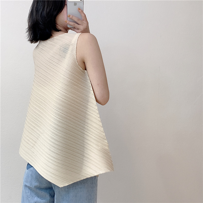 Lady Wrinkle Tops Sleeveless T-shirt Fashion New Solid Color Irregular Loose Size Pleated Shirts