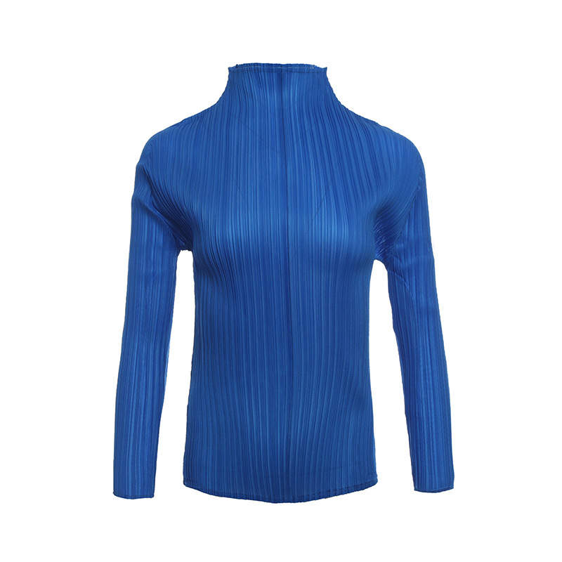 Pleated T-shirt Bottoming Tops Women's 2020 Spring Autumn Solid Simple High Neck Slim Long Sleeve Top