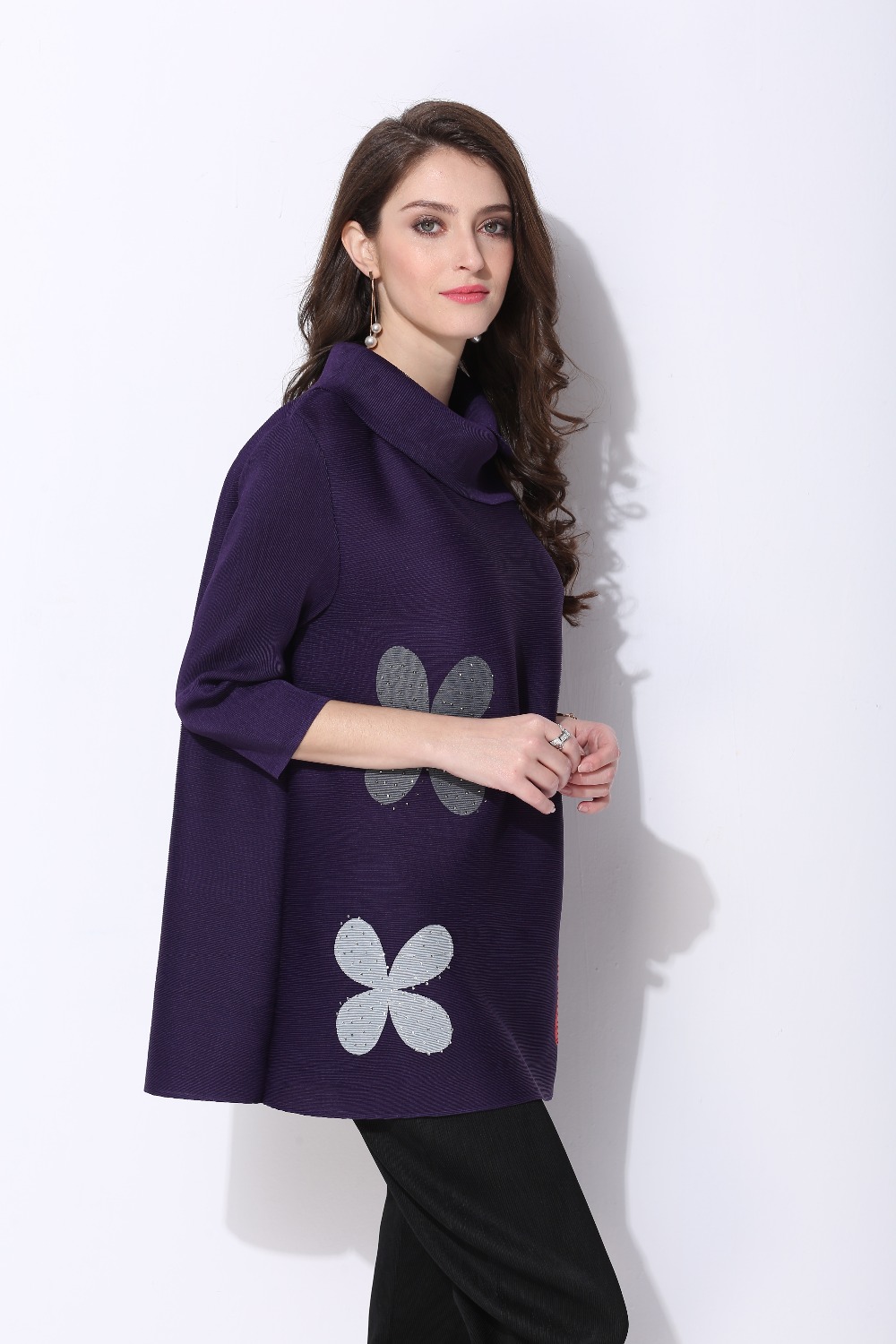 new style pleated long sleeve print flower t-shirt