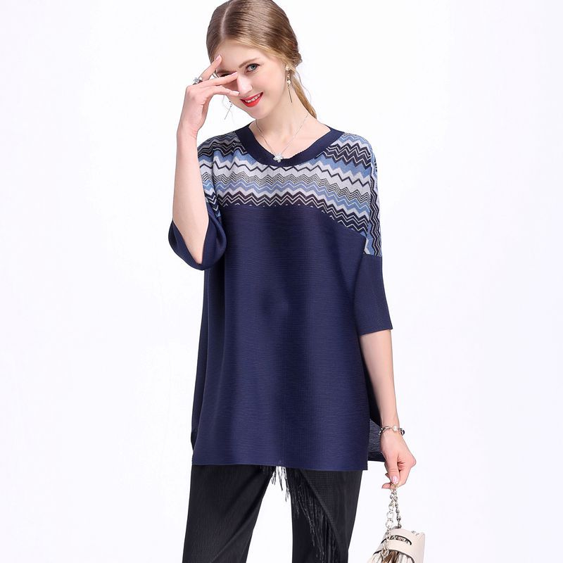 Europ And America Women Fashion New Pleats Printing Short Sleeve Lady Pullover Shirts