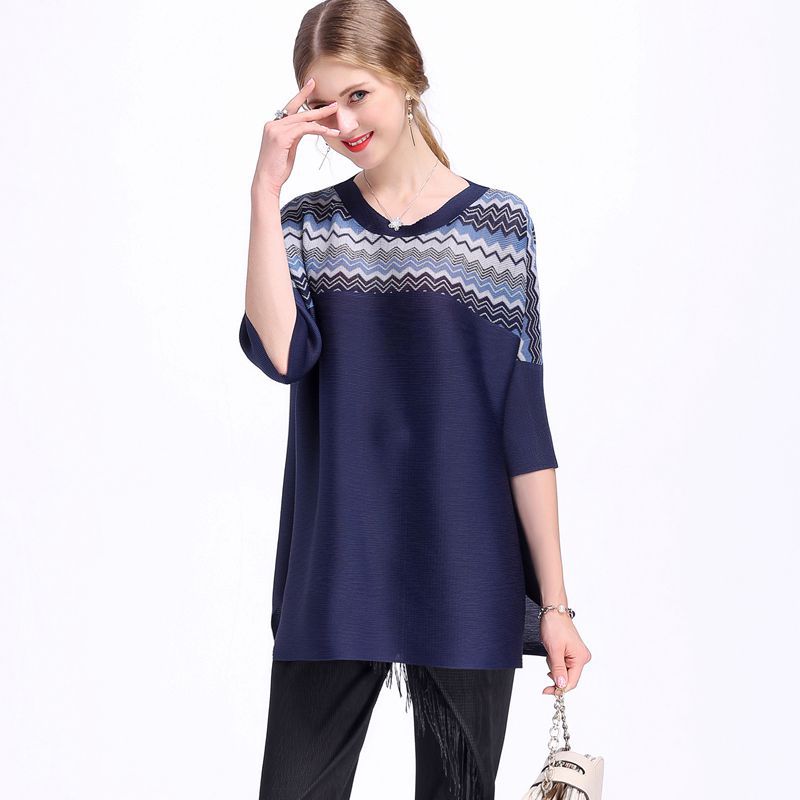 Europ And America Women Fashion New Pleats Printing Short Sleeve Lady Pullover Shirts