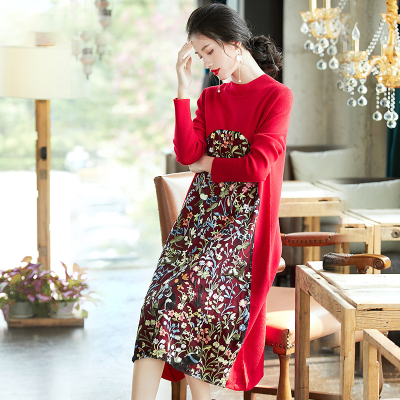 Fashionable All-around Embroidered Knitted Dress Thin Bottom Dress Women's Autumn And Winter 2019 Large Dress