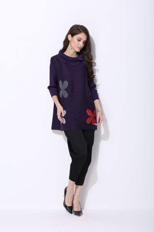 new style pleated long sleeve print flower t-shirt