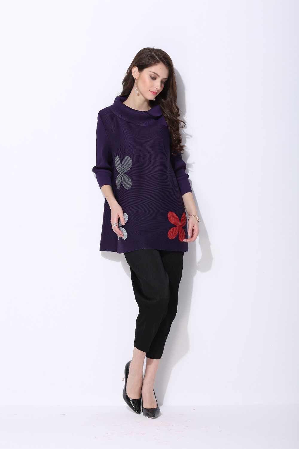 new style pleated long sleeve print flower t-shirt
