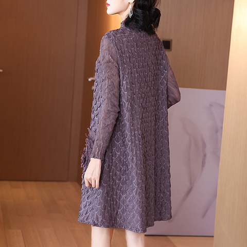 Embroidered Pleated Dress Autumn Winter Women's New Plus Size Long Sleeve Dress