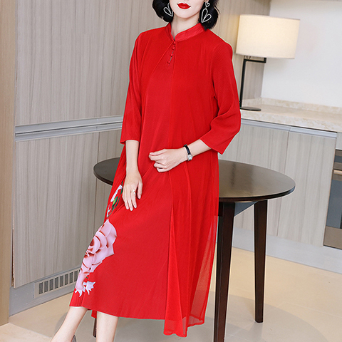 Chinese Style Retro Printed Dress Spring Autumn New Femininity Women Red Two Pieces Plus Size Dress