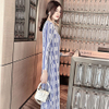 2021 Spring New Striped Pullover Light Medium Length Skirt Loose Waist Blue Casual Round Neck Dress