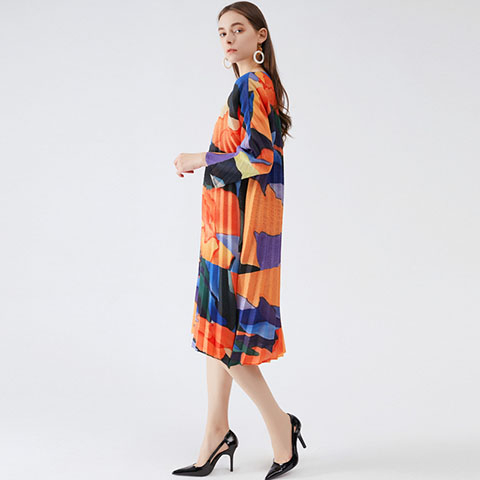 Spring 2021 New Handmade Pleated Print Skirt Loose Light Show Thin Celebrity Temperament Pleated Dress