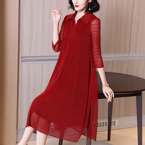 2021 Spring Women's Net Fabric Over Knee Long Sleeve Plus Size Pleated Dress