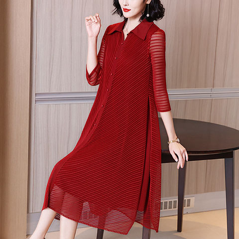 2021 Spring Women's Net Fabric Over Knee Long Sleeve Plus Size Pleated Dress