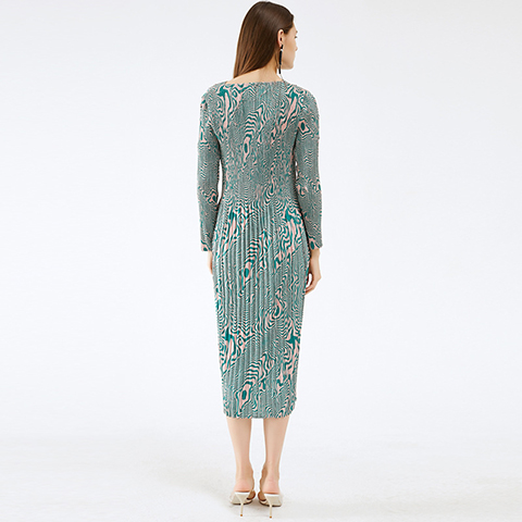 Autumn And Winter New Women's Long Sleeve Waist Skirt French Retro Temperament Printed Pleated Dress